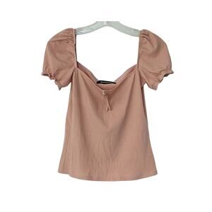 Lydia Puff Sleeve Square Neck Stretch Ribbed Top - Peach - M